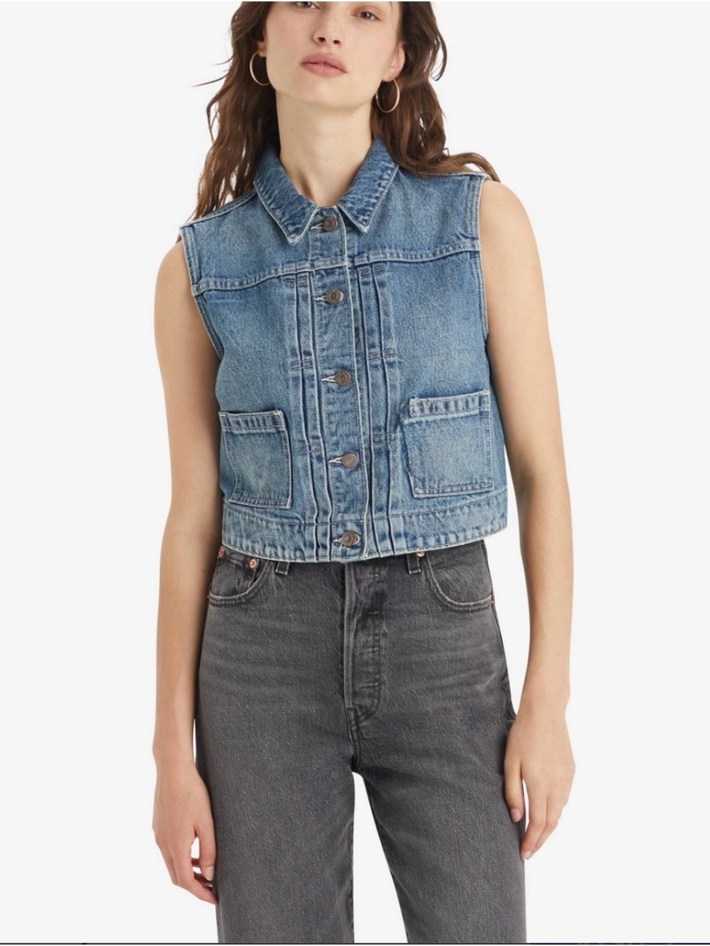 Sleeveless Cropped Blue Denim Utility Vest